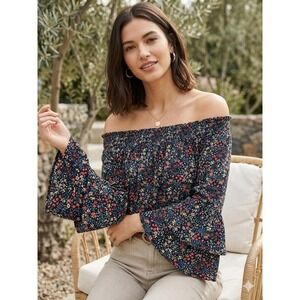 Lucky Brand Women's Black Floral Off The Shoulder Top Bell Sleeve Boho Small